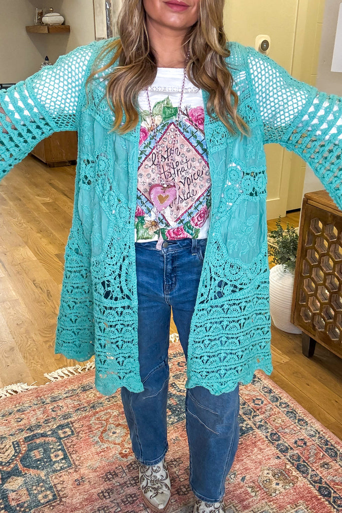 Gracefully Polished Crochet Cardigan - Aqua Teal