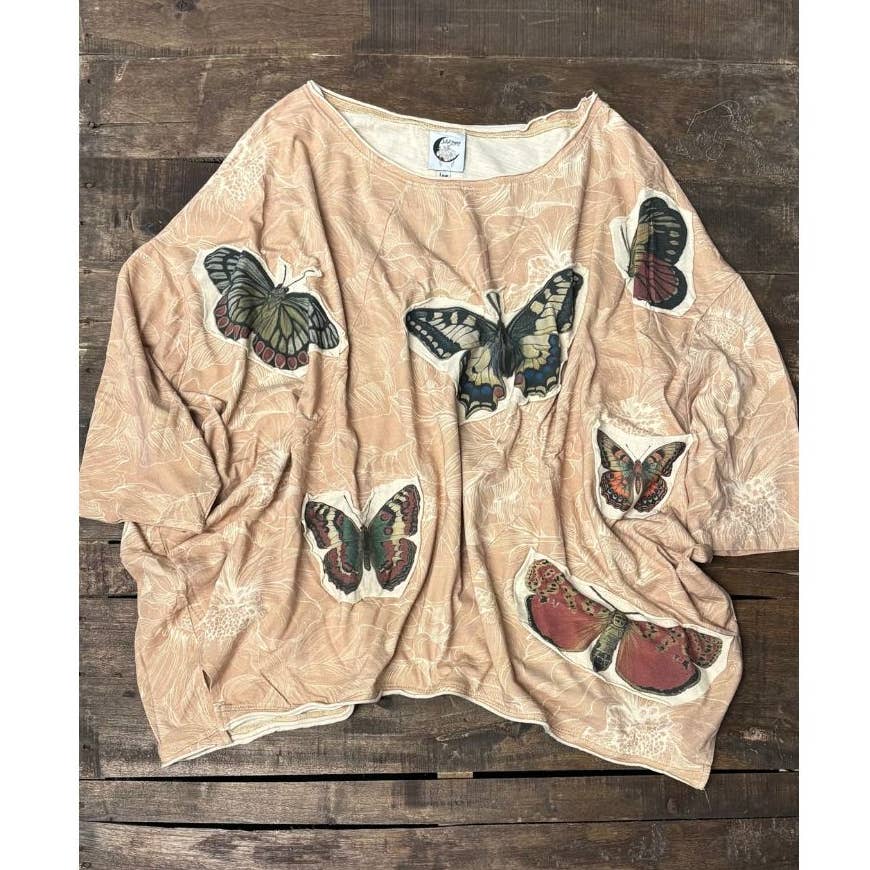 Butterfly Garden Oversized Top - Tan - 100% Cotton