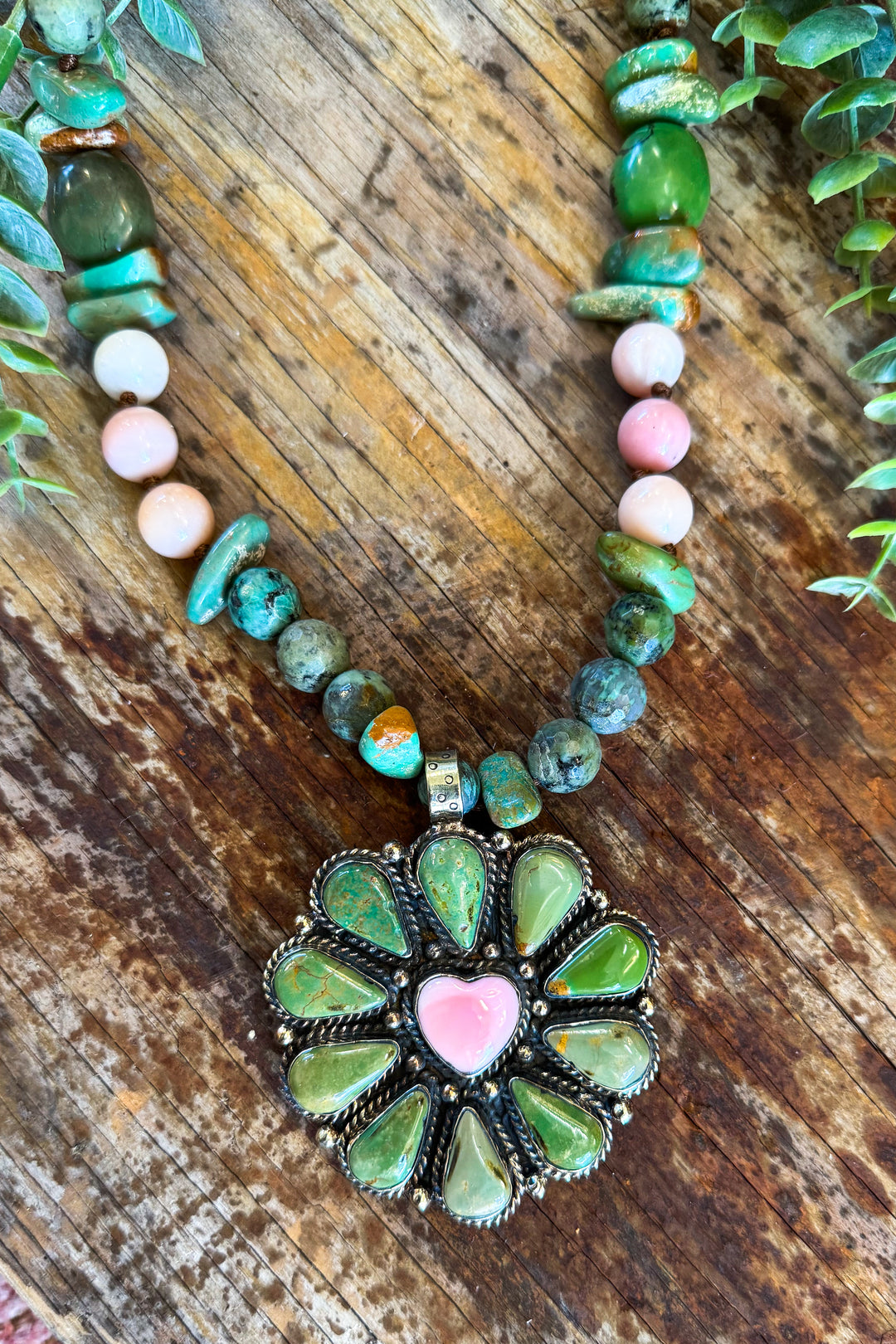 One of a Kind Genuine Green Turquoise &amp; Pink Opal Heart Necklace