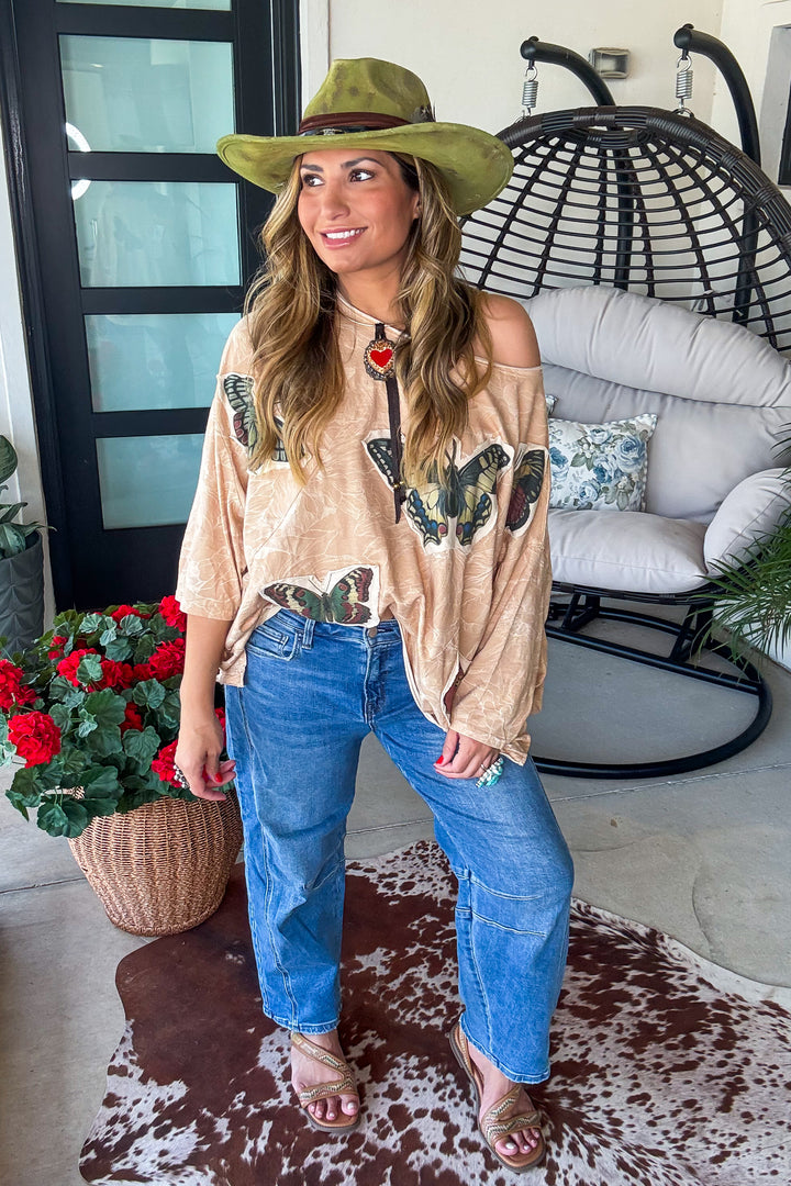 Butterfly Garden Oversized Top - Tan - 100% Cotton