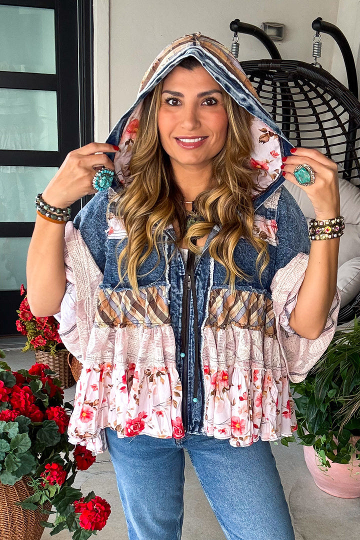 Laced In Denim Hooded Jacket - 100% Cotton - Denim Floral