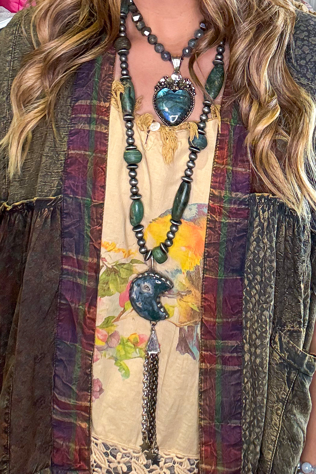 HANDMADE Russian Moss Agate Druzy Moon Necklace - Made in USA