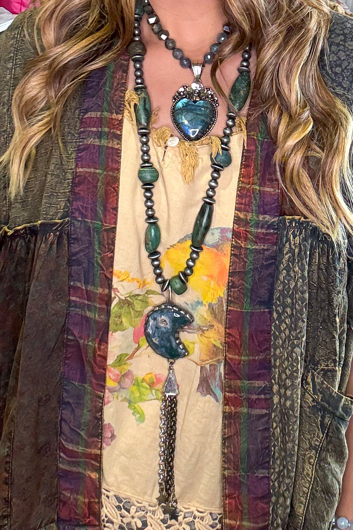 HANDMADE Russian Moss Agate Druzy Moon Necklace - Made in USA