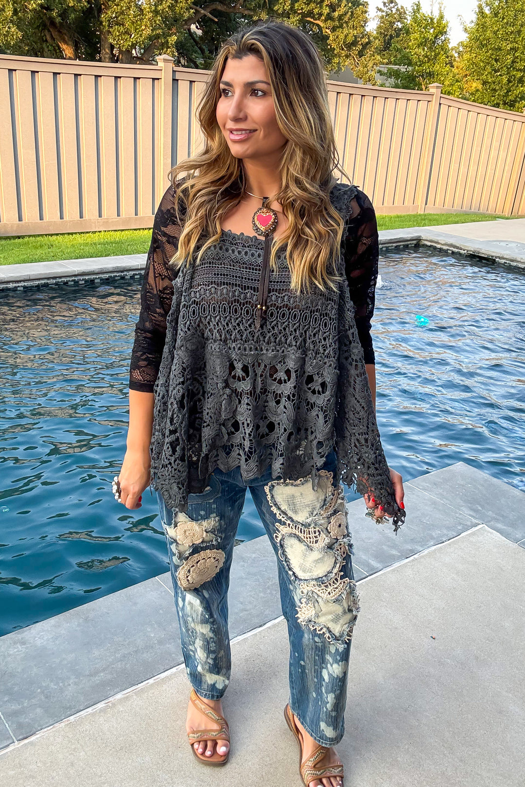 Whispering Details Lace Tank - 100% Cotton - Made in USA - Charcoal