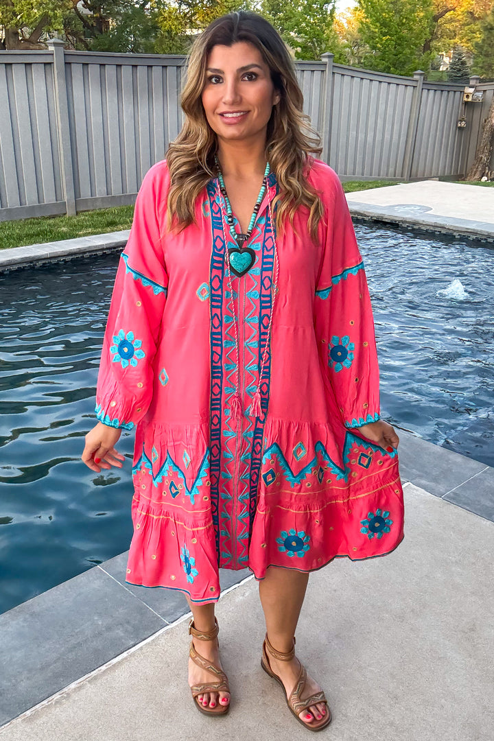 Wondering Around Town Midi Dress - Pink - 100% Cotton