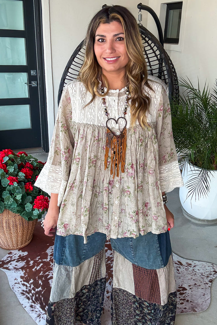 Wildflower Waltz Top - Taupe - Linen Cotton Blend