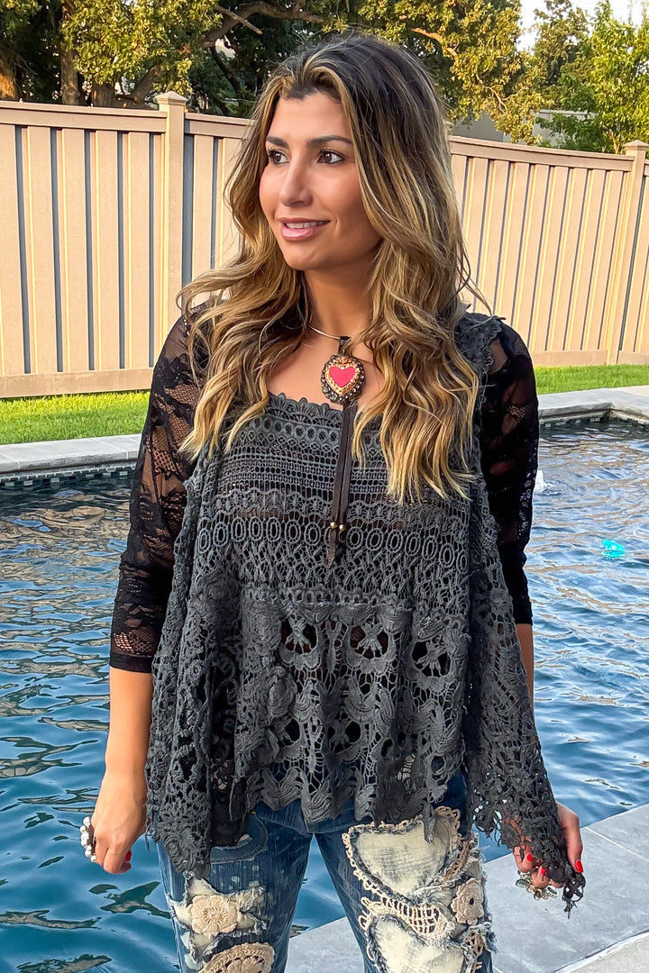 Whispering Details Lace Tank - 100% Cotton - Made in USA - Charcoal