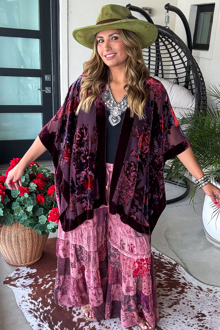 True Burnout Velvet Masterpiece Kimono - Burgundy