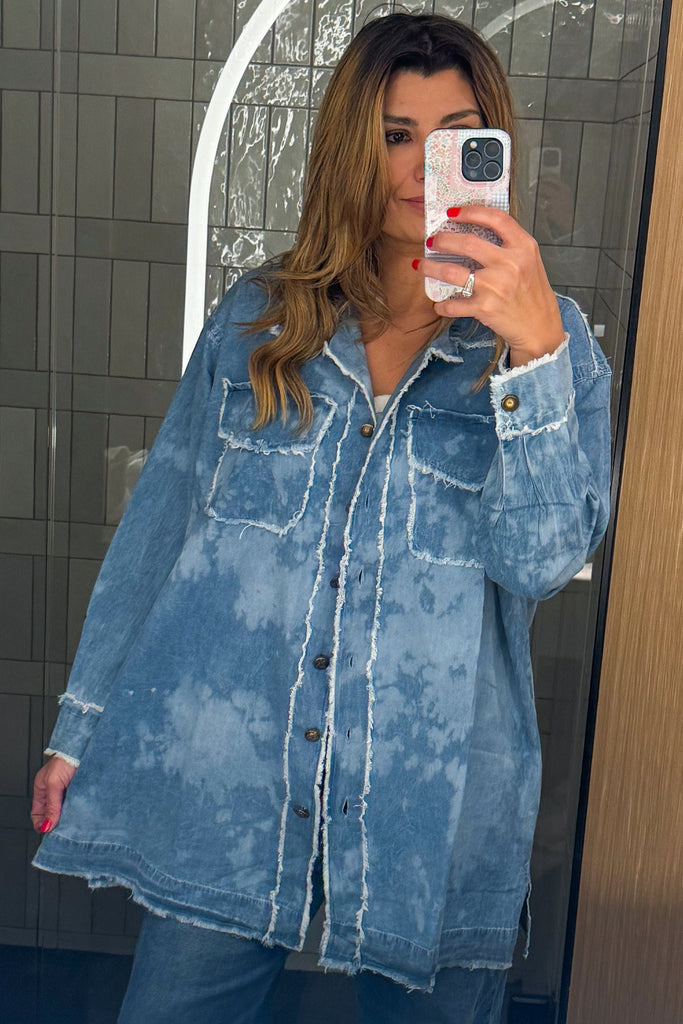 We the People Oversized Denim Shirt - Rhinestones - 100% Cotton