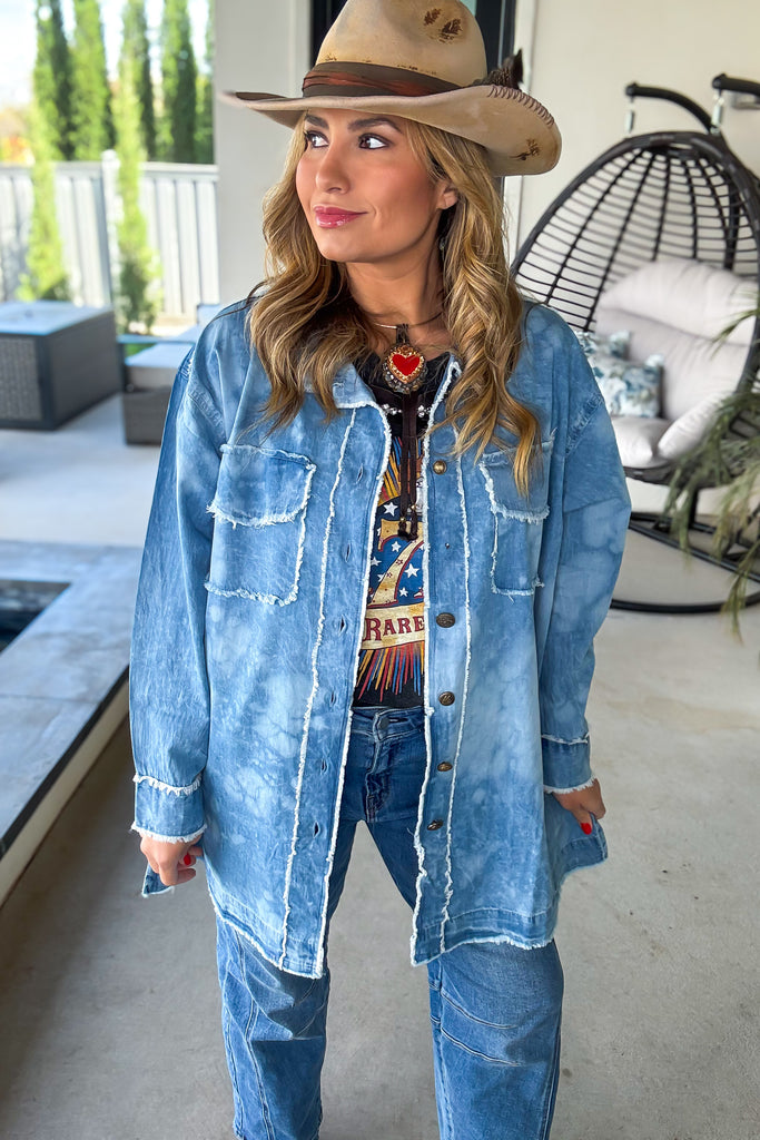 We the People Oversized Denim Shirt - Rhinestones - 100% Cotton