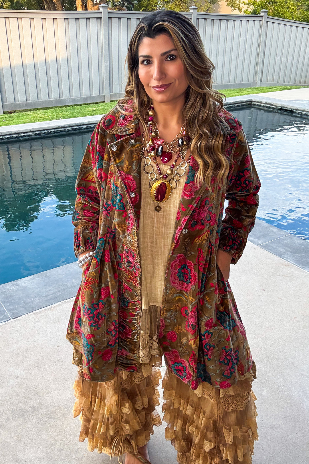Red Druzy and Golden Medallion Statement Necklace