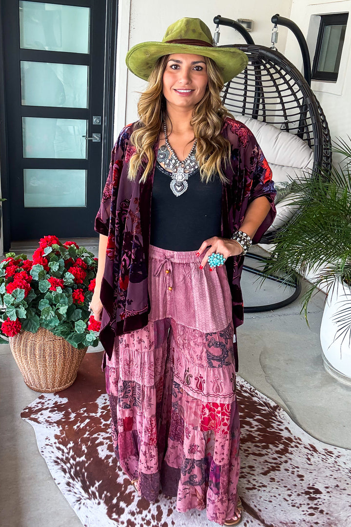 True Burnout Velvet Masterpiece Kimono - Burgundy
