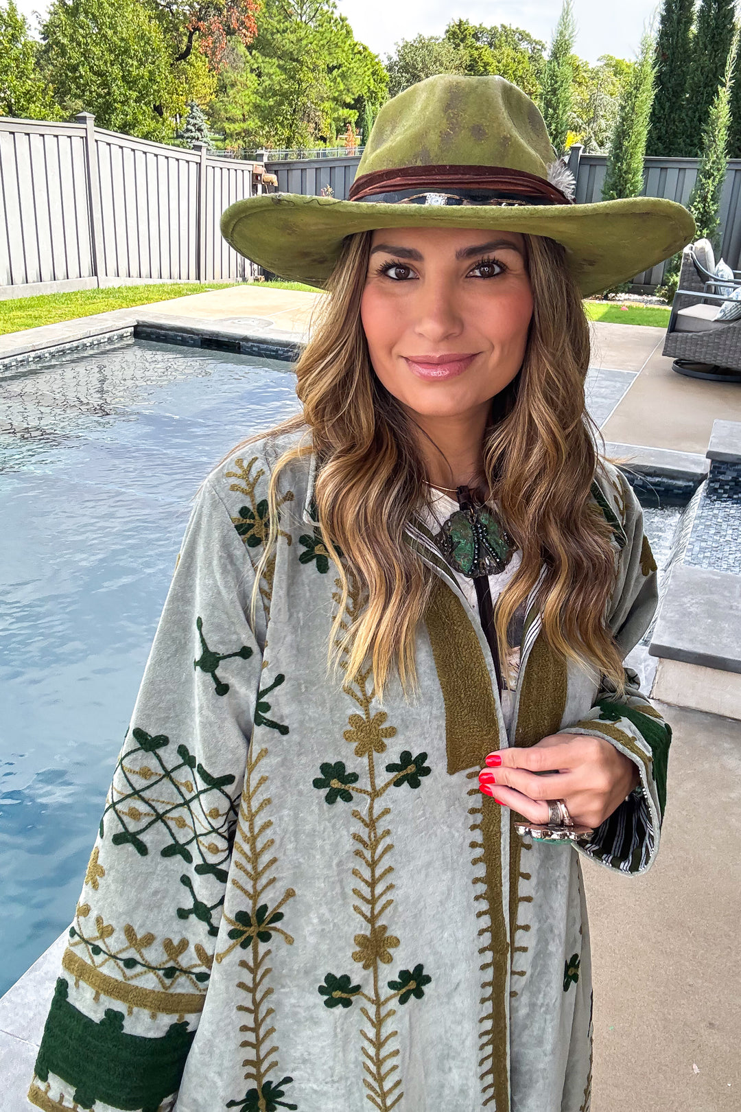 Velvet Green Embroidered Jacket - 100% Cotton