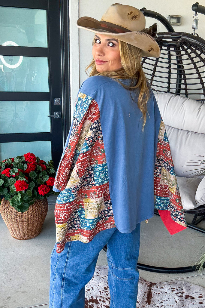 Peaceful Horizon Poncho Top  - 100% Cotton - Blue