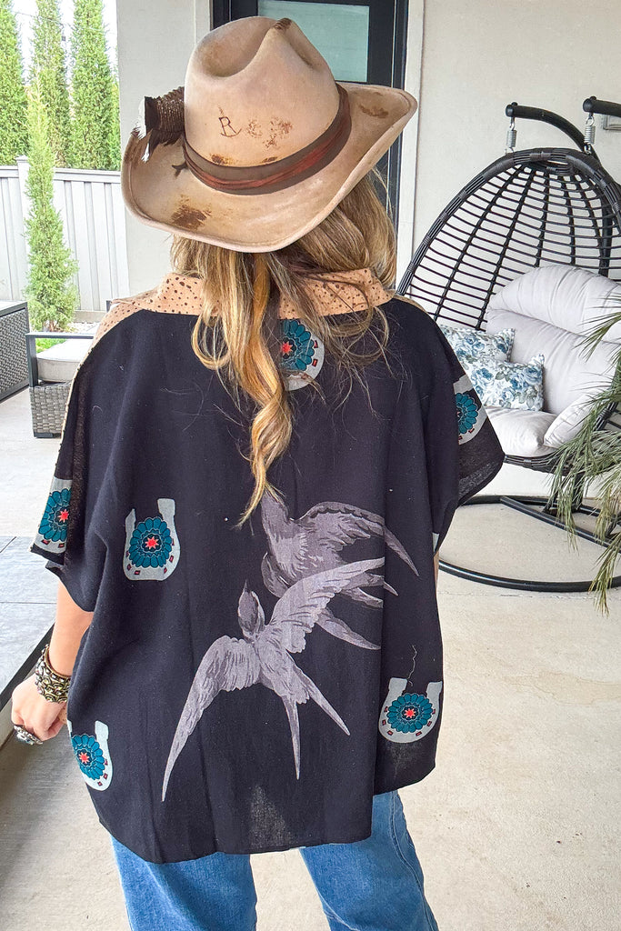 Go Rodeo Front Horseshoe Back Oversized Top Linen Feel - 100% Cotton