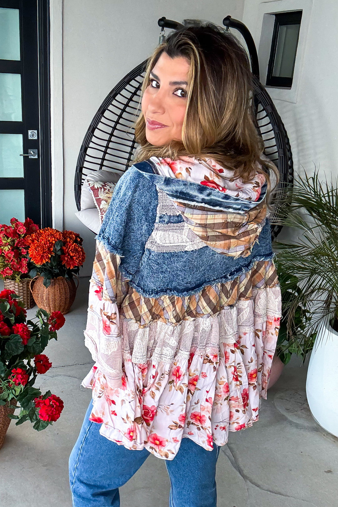 Laced In Denim Hooded Jacket - 100% Cotton - Denim Floral