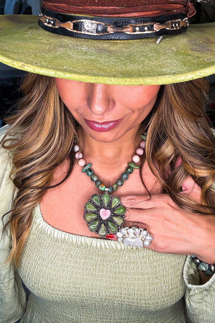 One of a Kind Genuine Green Turquoise &amp; Pink Opal Heart Necklace