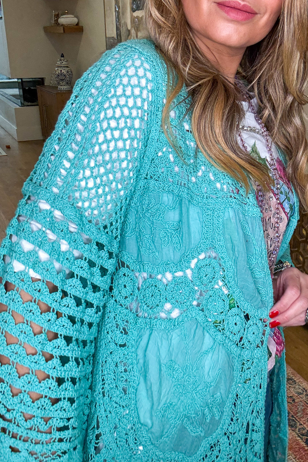 Gracefully Polished Crochet Cardigan - Aqua Teal