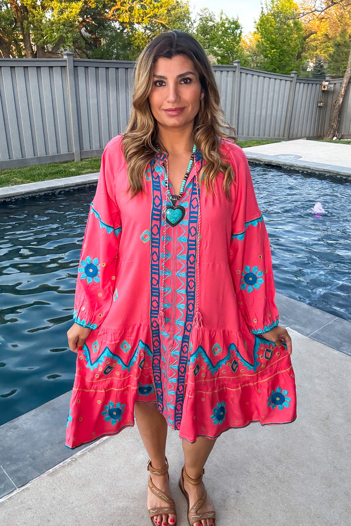 Wondering Around Town Midi Dress - Pink - 100% Cotton