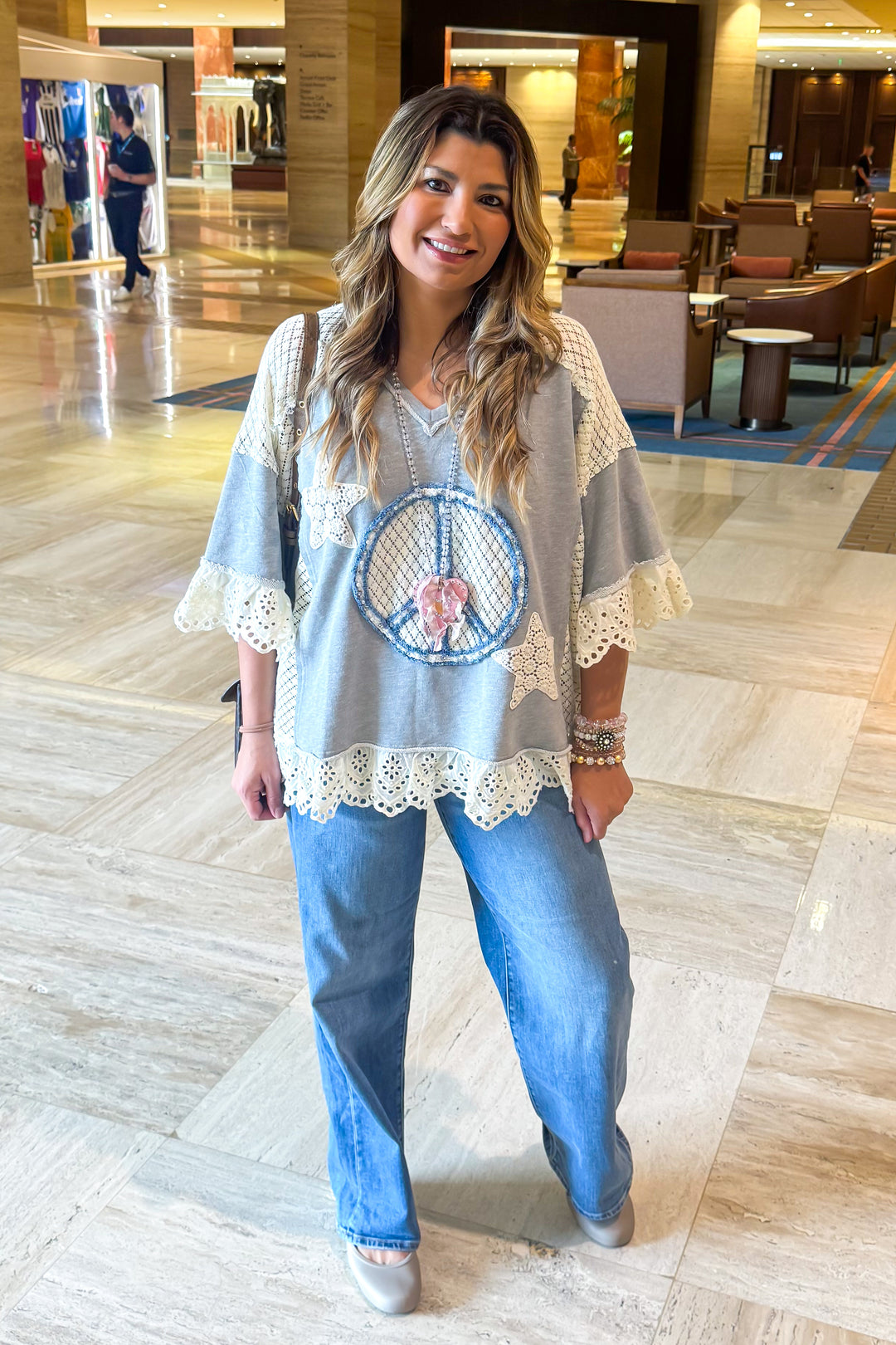 Peace And Pearls Oversized Top - Lt. Grey
