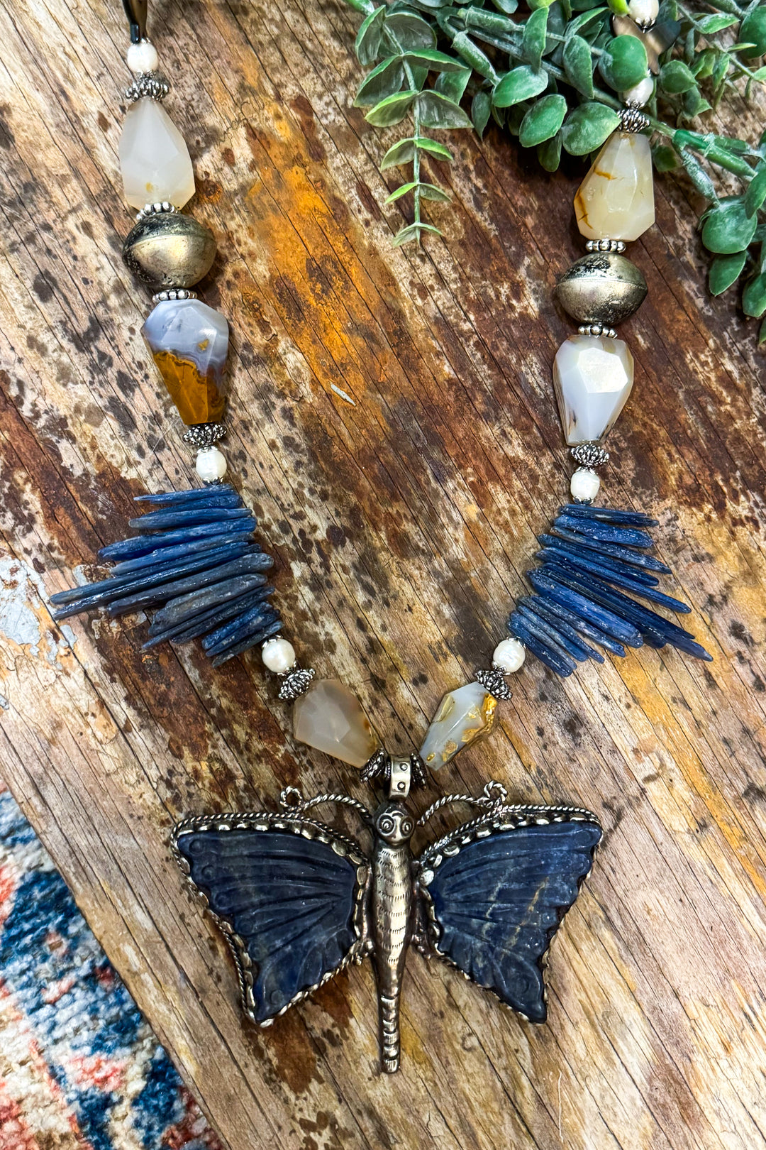 Lapis Lazuli Kyanite and Agate Butterfly Necklace