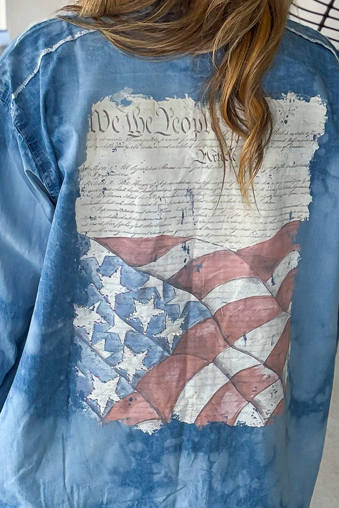 We the People Oversized Denim Shirt - Rhinestones - 100% Cotton
