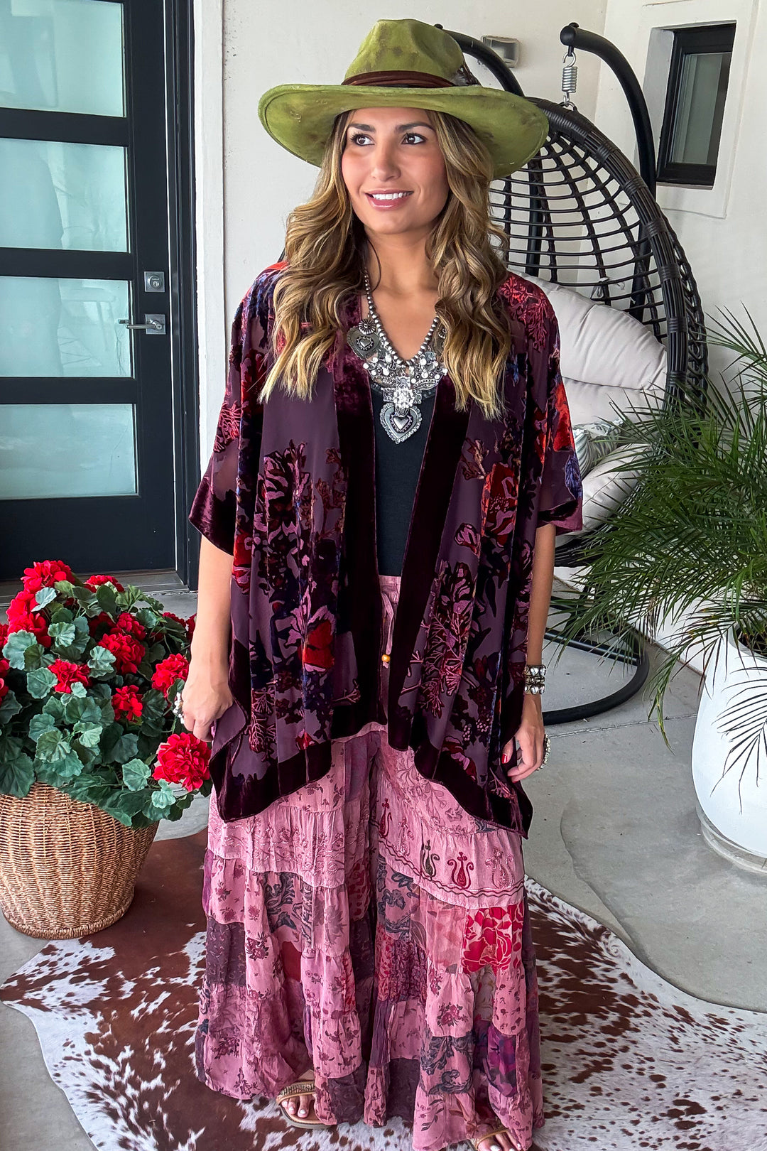 True Burnout Velvet Masterpiece Kimono - Burgundy