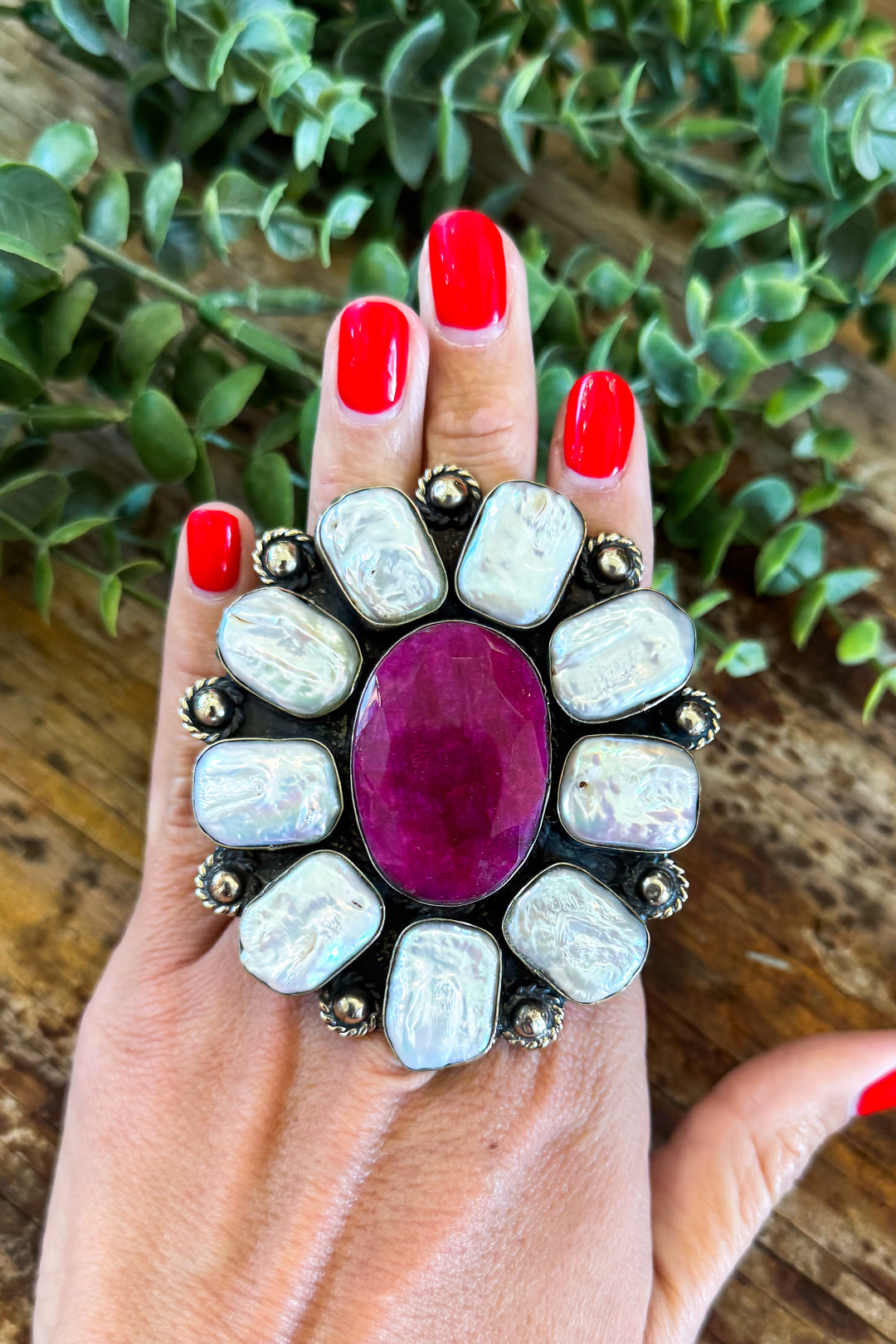 Pink Ruby and Fresh Water Pearl Silver Plated Ring