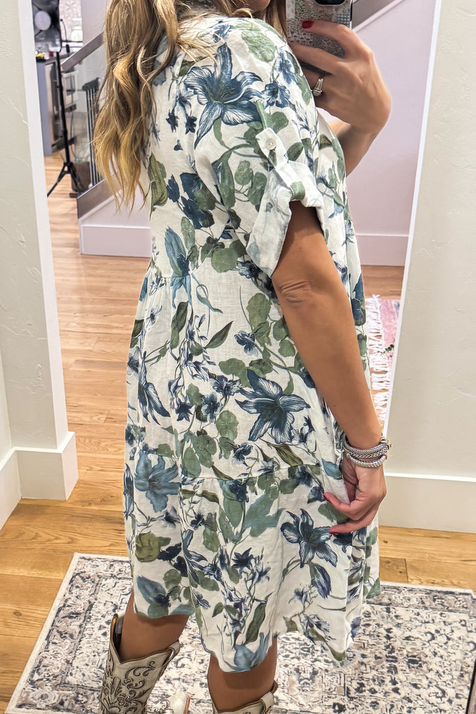 Coastal Floral Linen Dress - Made In Italy - 100% Linen