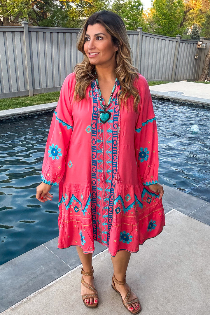 Wondering Around Town Midi Dress - Pink - 100% Cotton