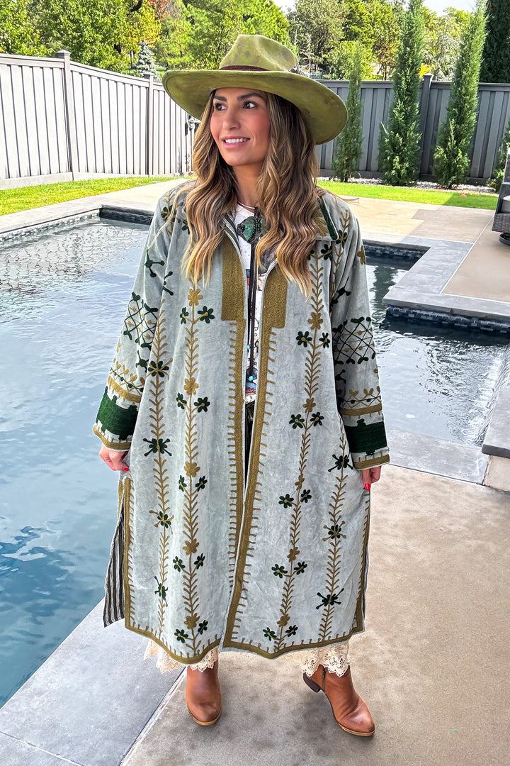 Velvet Green Embroidered Jacket - 100% Cotton