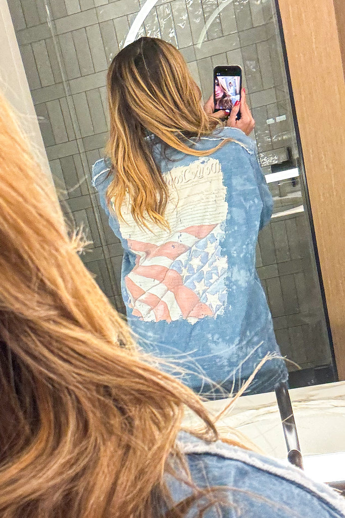 We the People Oversized Denim Shirt - Rhinestones - 100% Cotton