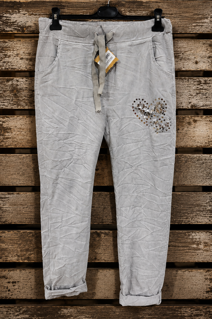 Made in Italy Scrunchy Stretch Glitz Heart Jogger Pants – Ultra Comfortable Plus Size - Gray