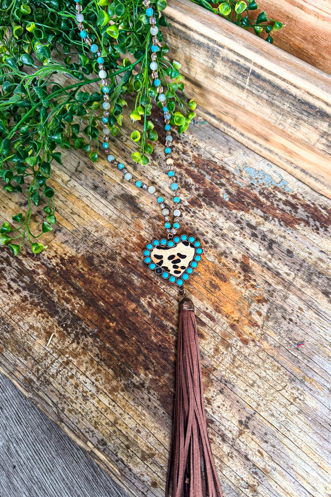 Full Effect Leopard Tassel Necklace - Amazonite