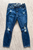 Distressed Look Mid-Rise Skinny Jeans - Dark Wash - MADE IN USA