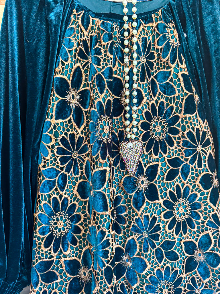 Plush Petals Velvet Blouse - Hunter Green