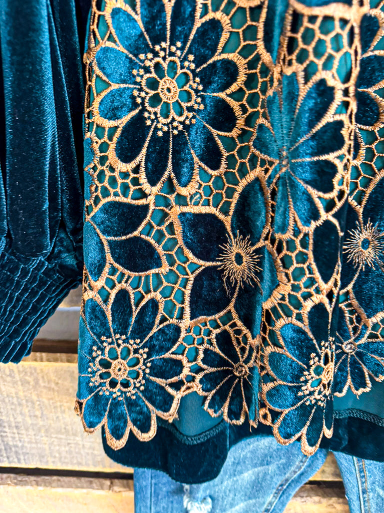 Plush Petals Velvet Blouse - Hunter Green