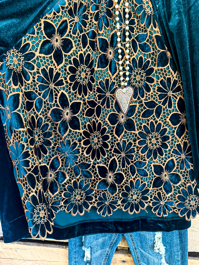 Plush Petals Velvet Blouse - Hunter Green