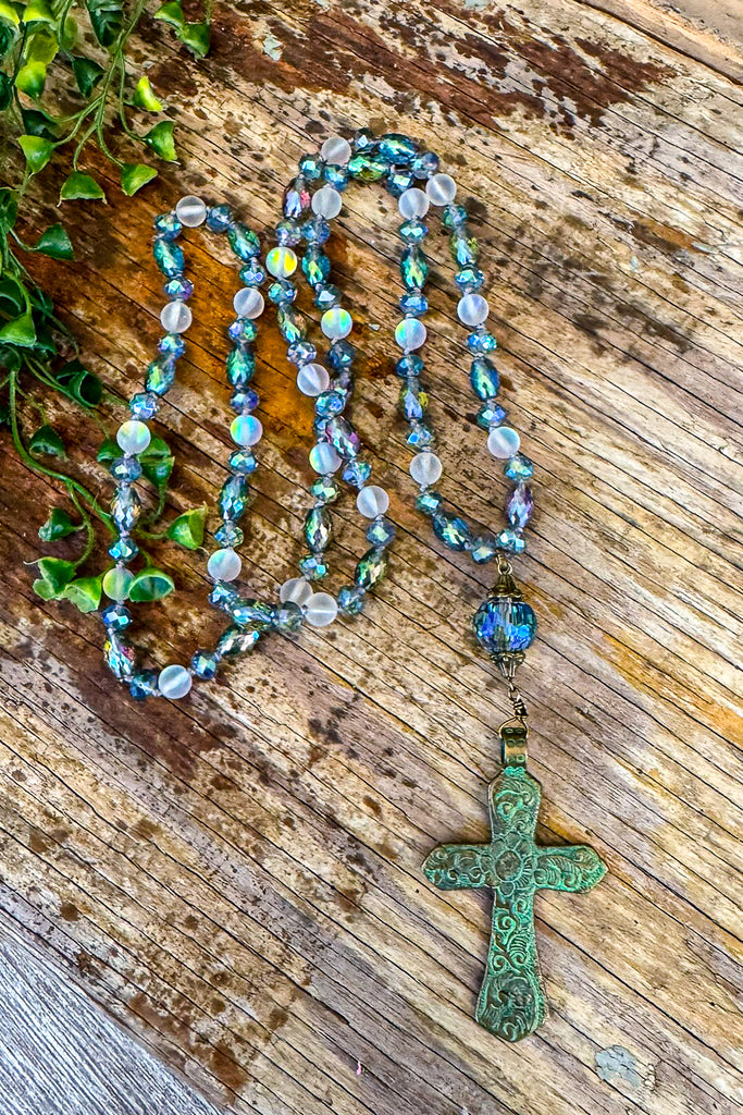 Crystal Clear Cross Necklace - Blue