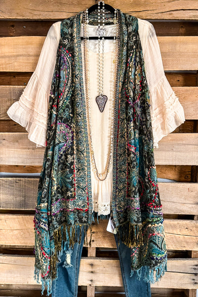 Going With The Flow Thick Stich Vest Kimono - Olive/Blue