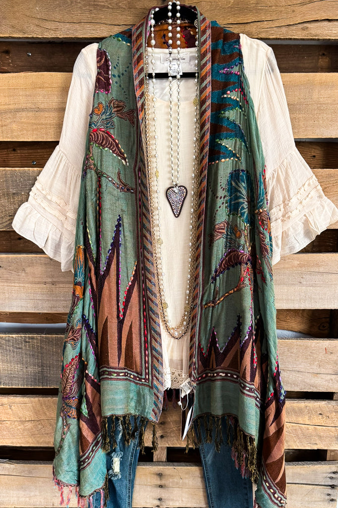 Thoughts About Us Thick Stich Vest Kimono - Iridescent Sage