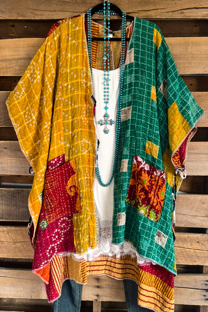 NATURAL FABRIC: Assorted Feelings Tie Front Kimono - Orange/Yellow Back - 100% Cotton