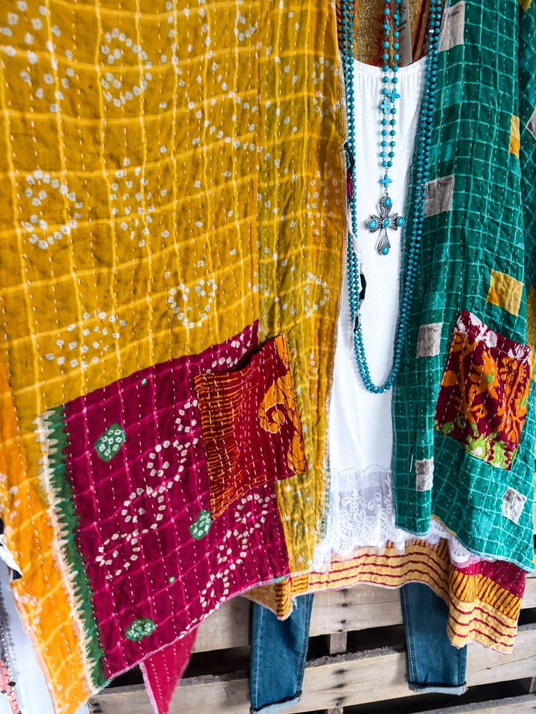 NATURAL FABRIC: Assorted Feelings Tie Front Kimono - Orange/Yellow Back - 100% Cotton