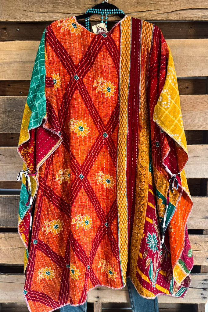 NATURAL FABRIC: Assorted Feelings Tie Front Kimono - Orange/Yellow Back - 100% Cotton