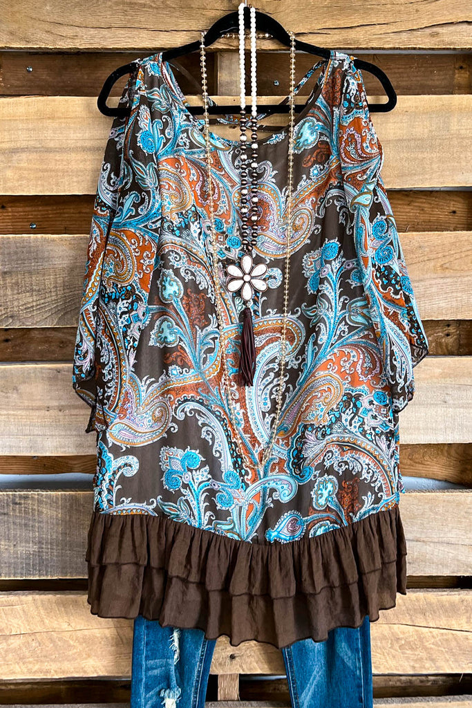 Twirl With Grace Cold Shoulder Top - Multi Brown