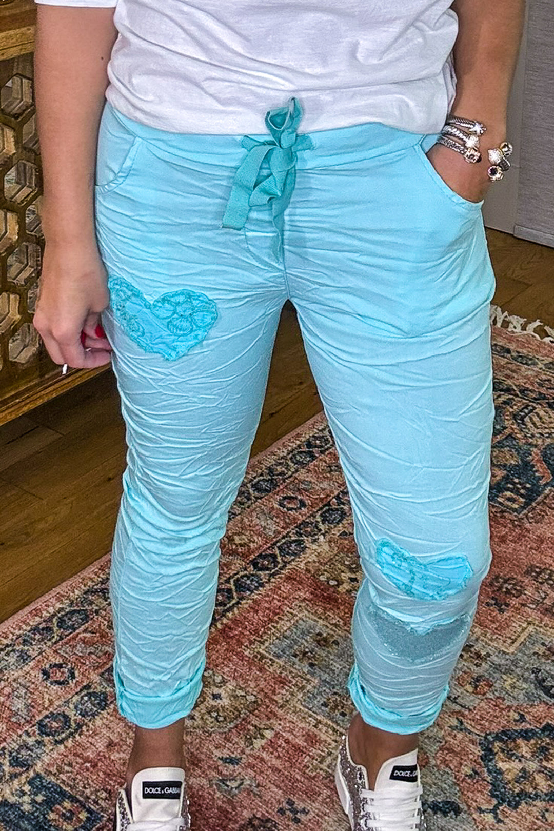 Made in Italy Scrunchy Stretch Jogger Pants – Ultra Comfortable Plus Size - Aqua Hearts - Size 4 to 12