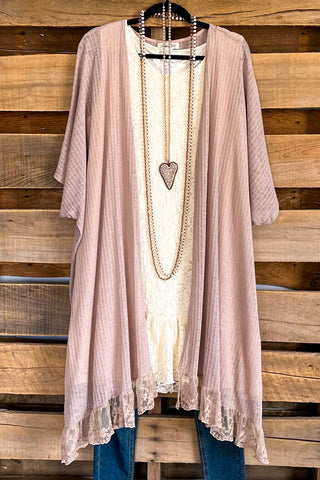 AHB EXCLUSIVE:  One More Time Long Kimono Lace - Taupe/Rose