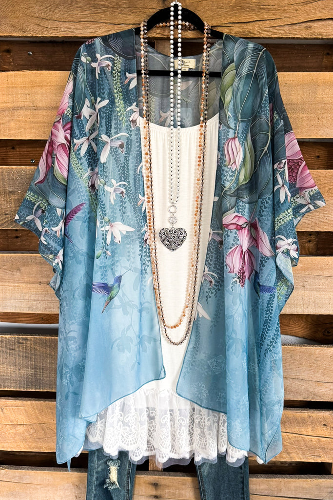Humming Bird Floral Kimono - Aqua