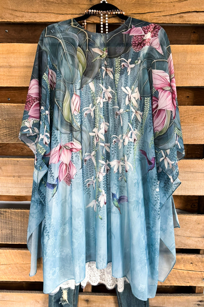 Humming Bird Floral Kimono - Aqua