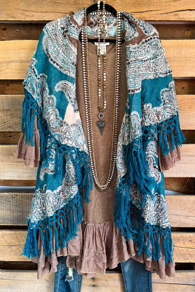 One Track Mind Embroidered Poncho Vest - Teal Blue